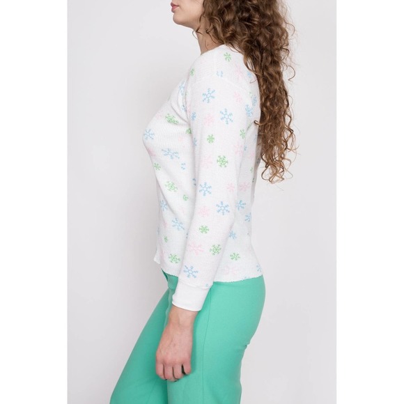 70s Snowflake Waffle Knit Shirt - Medium | Vintage Thermal Top - Picture 3 of 7